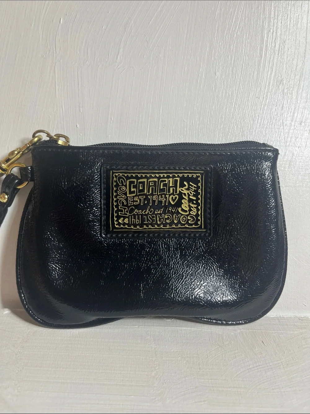 Coach Poppy Black Patent Leather Wristlet with Gold Accents